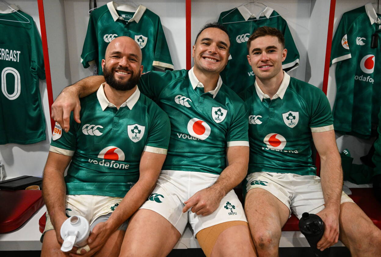 21 February 2026; Ireland players, from left, Jamison Gibson-Park, James Lowe, and Jack Crowley, in the dressing room after the Guinness 6 Nations Rugby Championship match between England and Ireland at the Allianz Stadium in Twickenham, England. Photo by Brendan Moran/Sportsfile