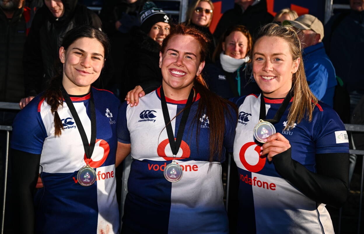 Wolfhounds players Vicky Elmes Kinlan, Caoimhe Molloy, and Stacey Flood following the recent Celtic Challenge final