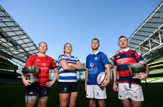 20 April 2026; In attendance, from left, Chloe Pearse of UL Bohemians; Hannah OConnor of Blackrock College RFC; Conor Dean of St Mary's RFC and Dylan Donnellan of Clontarf FC Photo by Ramsey Cardy/Sportsfile