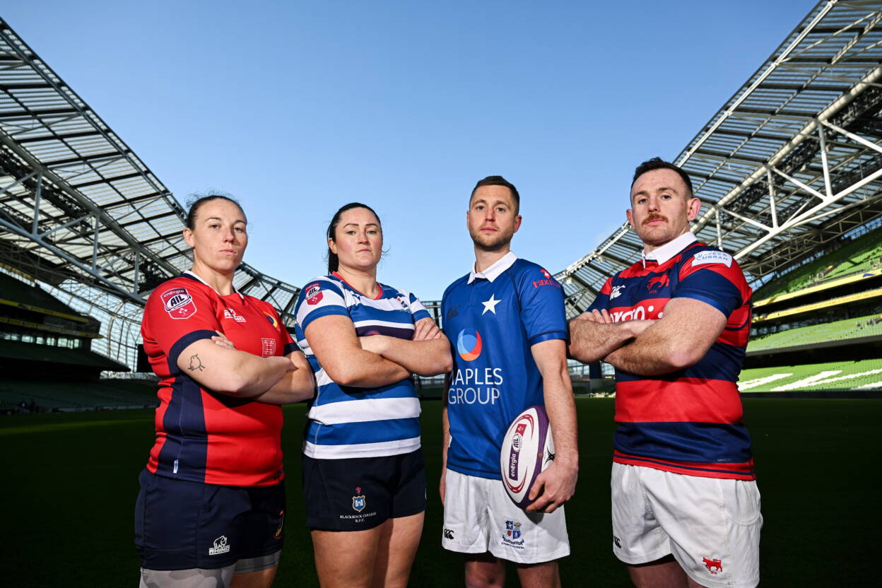 Chloe Pearse of UL Bohemians; Hannah O'Connor of Blackrock College RFC; Conor Dean of St Mary's RFC and Dylan Donnellan of Clontarf FC Photo by Ramsey Cardy/Sportsfile