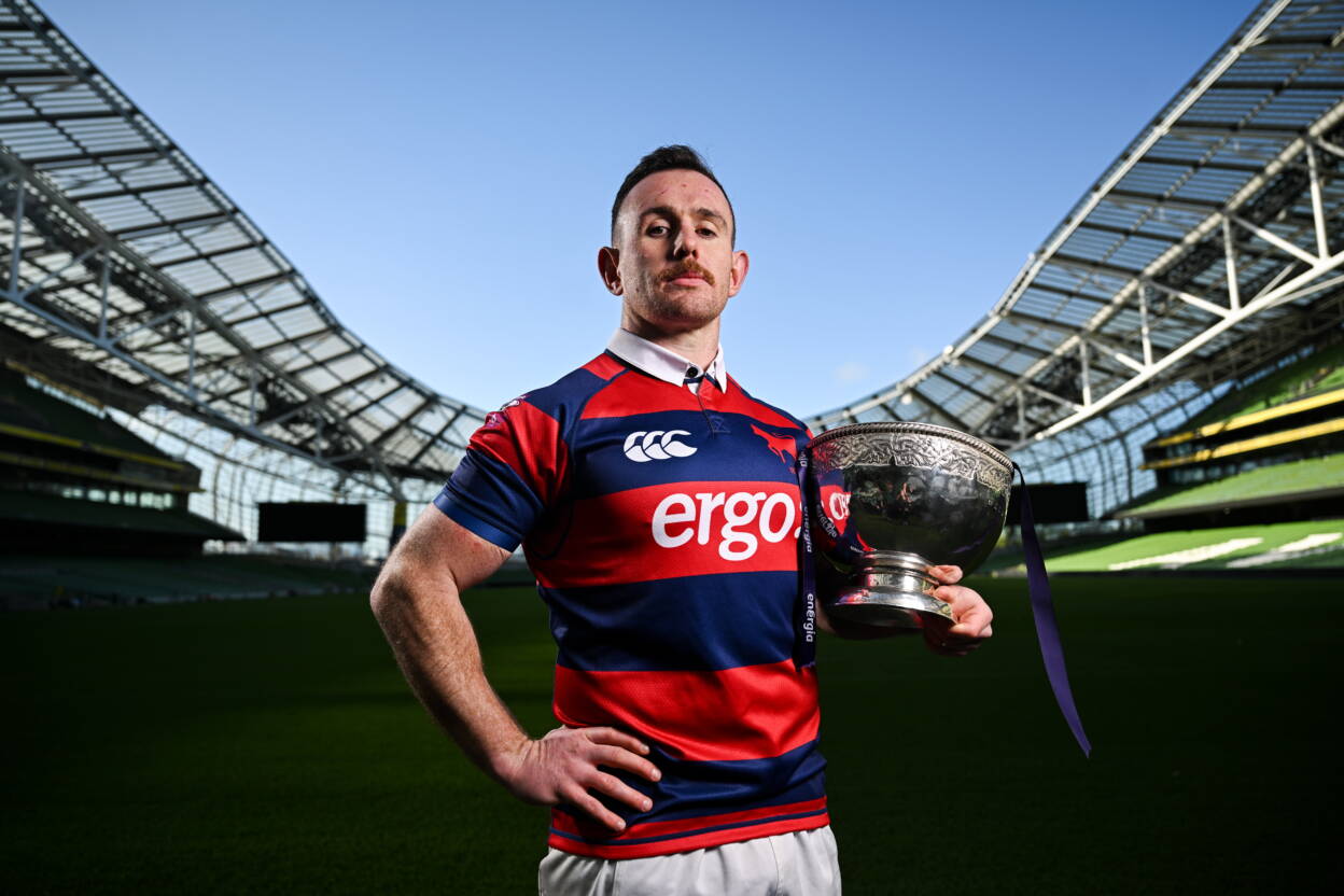 Clontarf captain Dylan Donnellan with the Division 1A trophy